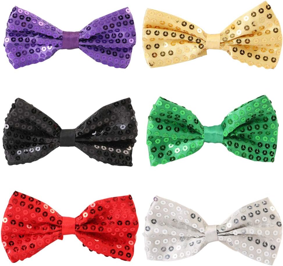 6 PCS Sequins Bow Tie, Adjustable Unisex Glitter Sparkly Sequin Bow Ties Pre-tied Bow Tie Set for Kids Men Women Fancy Costume Party Accessory (Black, White, Green, Red, Purple, Gold)