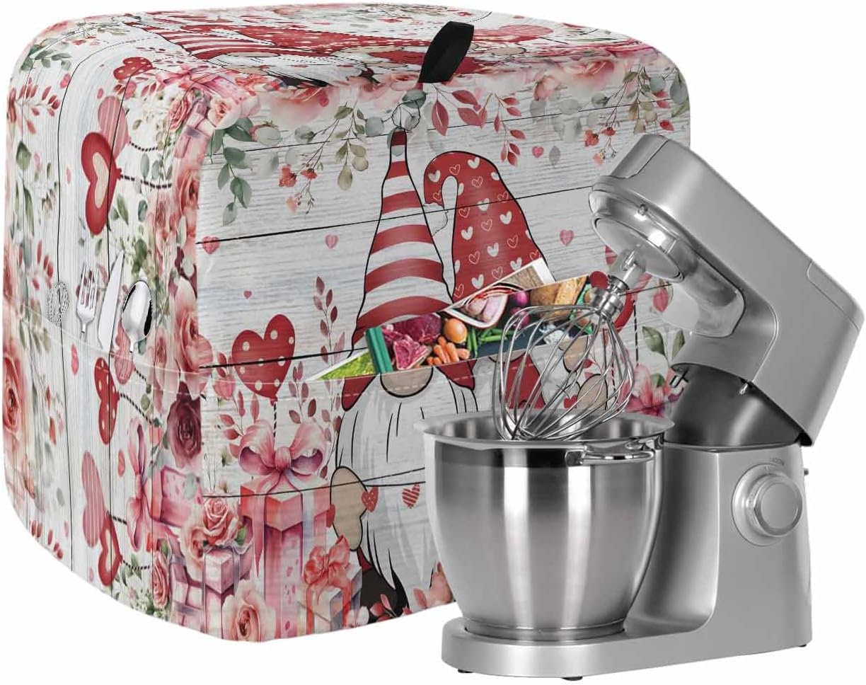 Stand Mixer Cover with Storage Pocket, Pink Valentine's Day Waterproof Kitchen Mixer Covers, Spring Floral Romance Roses Gnomes Kitchen Appliance Dust Cover Compatible with 6-9 Quart Mixers