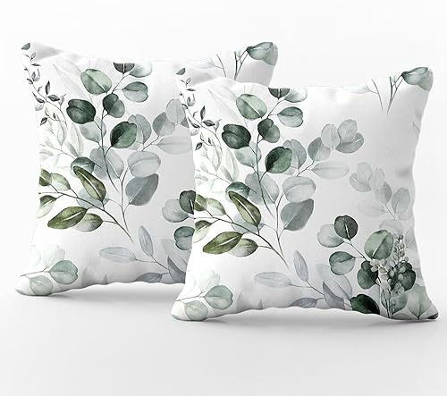 Funda de almohada de hojas de eucalipto, acuarela verde salvia botánica, elegante, casa de campo, hojas y vides, ropa de cama de boda, decoración al