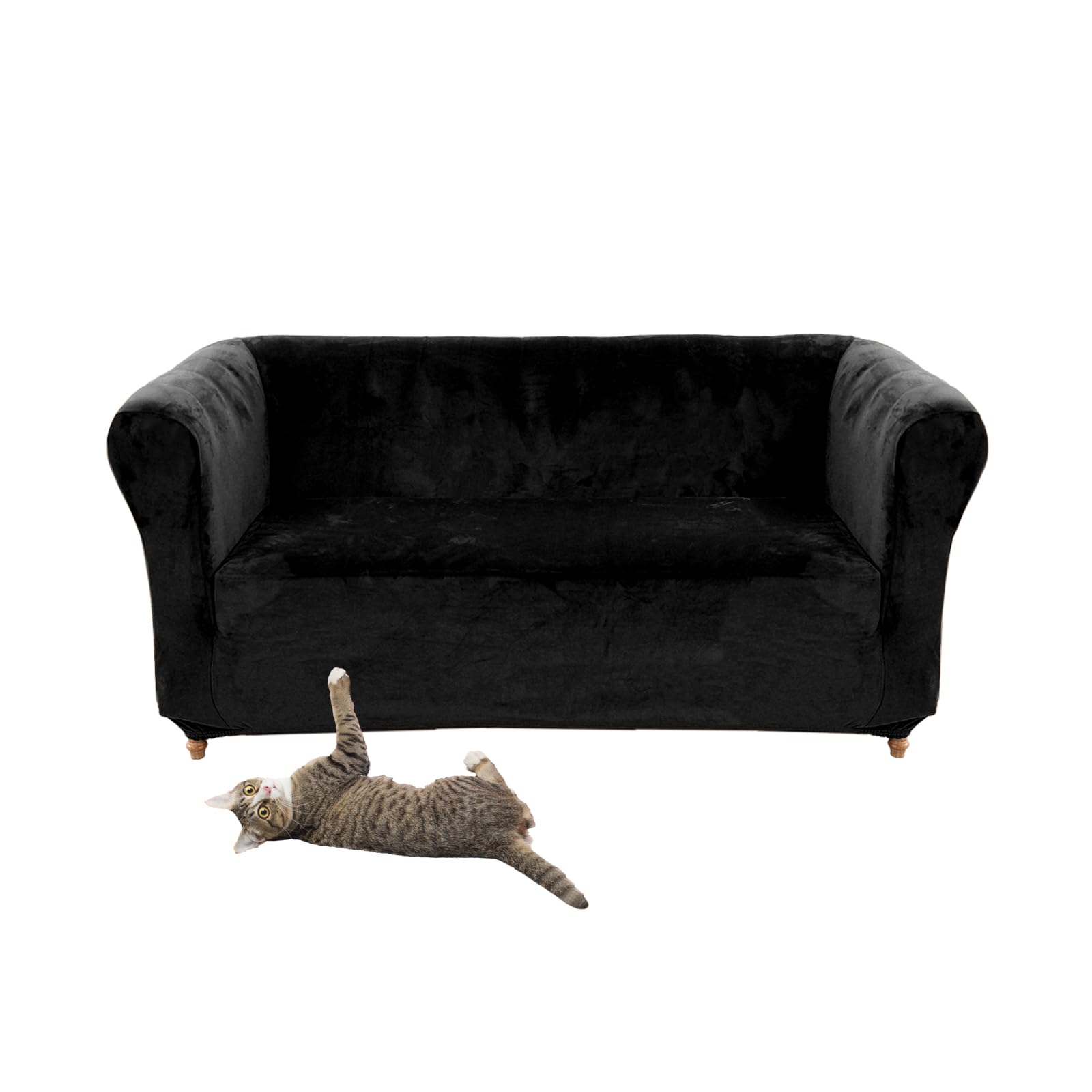 SYLC Stretch Velvet Chesterfield Sofa Cover, Couch Cover with Seat Cushion Cover for Curved Settee Armchair Vintage Style (Black,Loveseat)