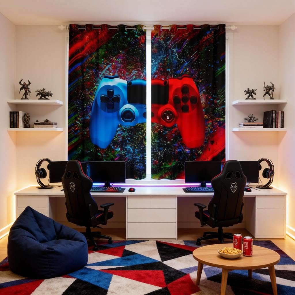 Loussiesd Teens Gamer Window Curtains for Bedroom Living Room Gaming Curtains Colorful Tie Dye Window Drapes for Boys Girls Kids Blue Red Video Game Gamepad Window Treatments W46*L72 — image 1