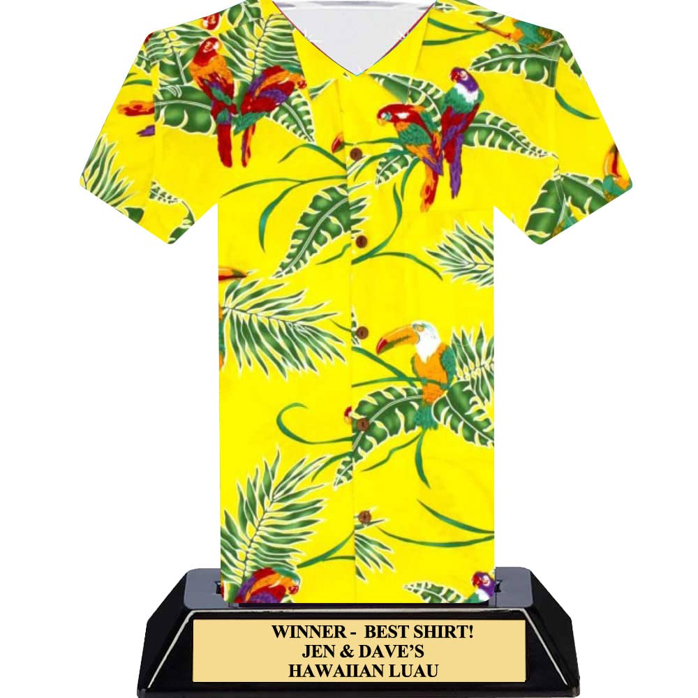 Yellow Hawaiian Shirt Trophy - Luau Party Awards - 7 inches Tall - Custom Personalization