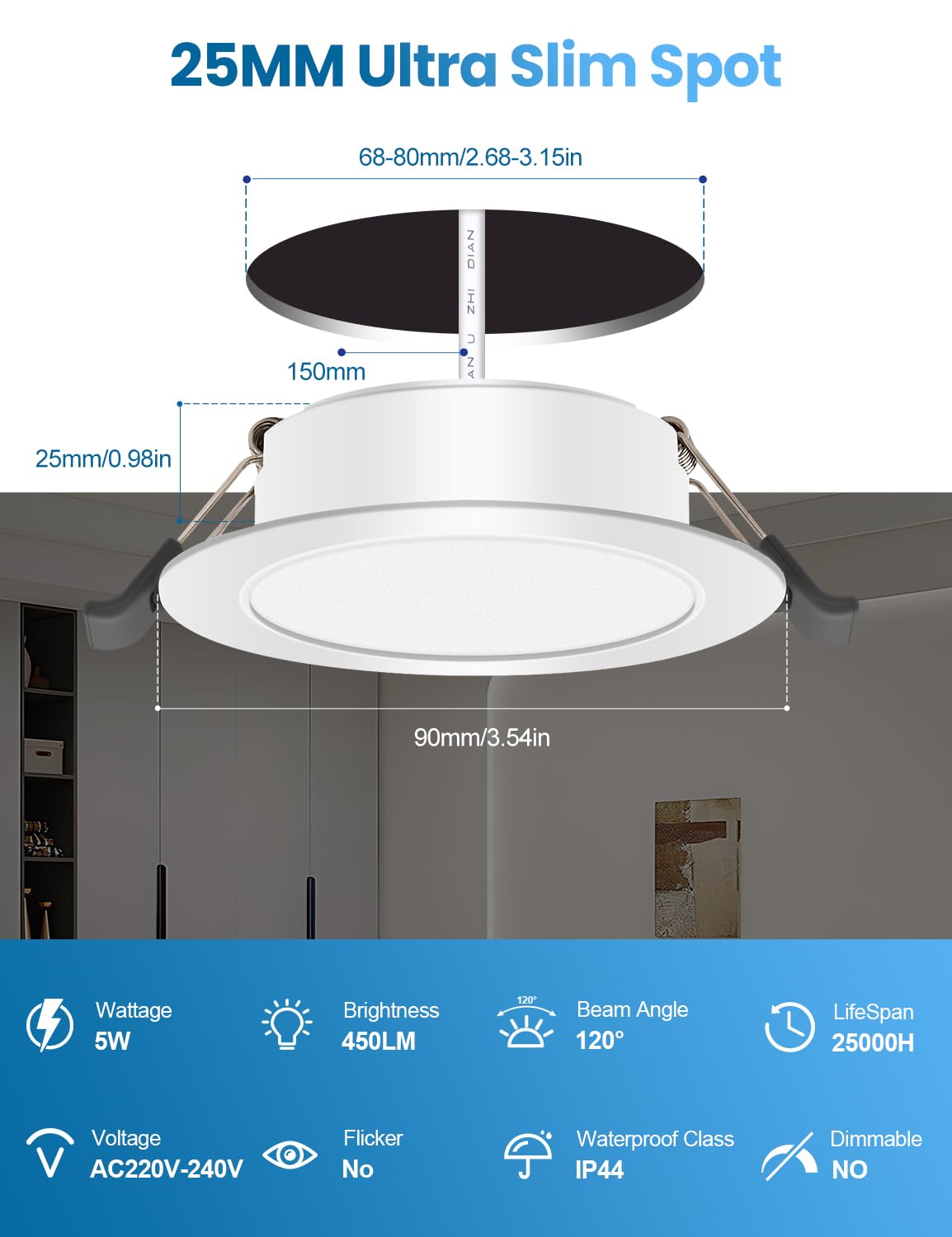 20er LED Einbaustrahler 230V Flach, 5W Spots 450LM IP44 Bad Einbauleuchten, 68-80mm EinbauØ Deckenspots,Kaltweiß 6000K Einbaustrahler LED Spots Deckenleuchte für Badezimmer Wohnzimmer
