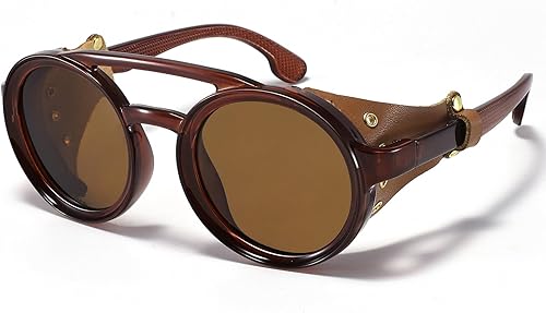 Miniatura 9 de MUDIWRLO Gafas de sol polarizadas redondas steampunk con cuero lateral doble puente escudo retro para hombres y mujeres