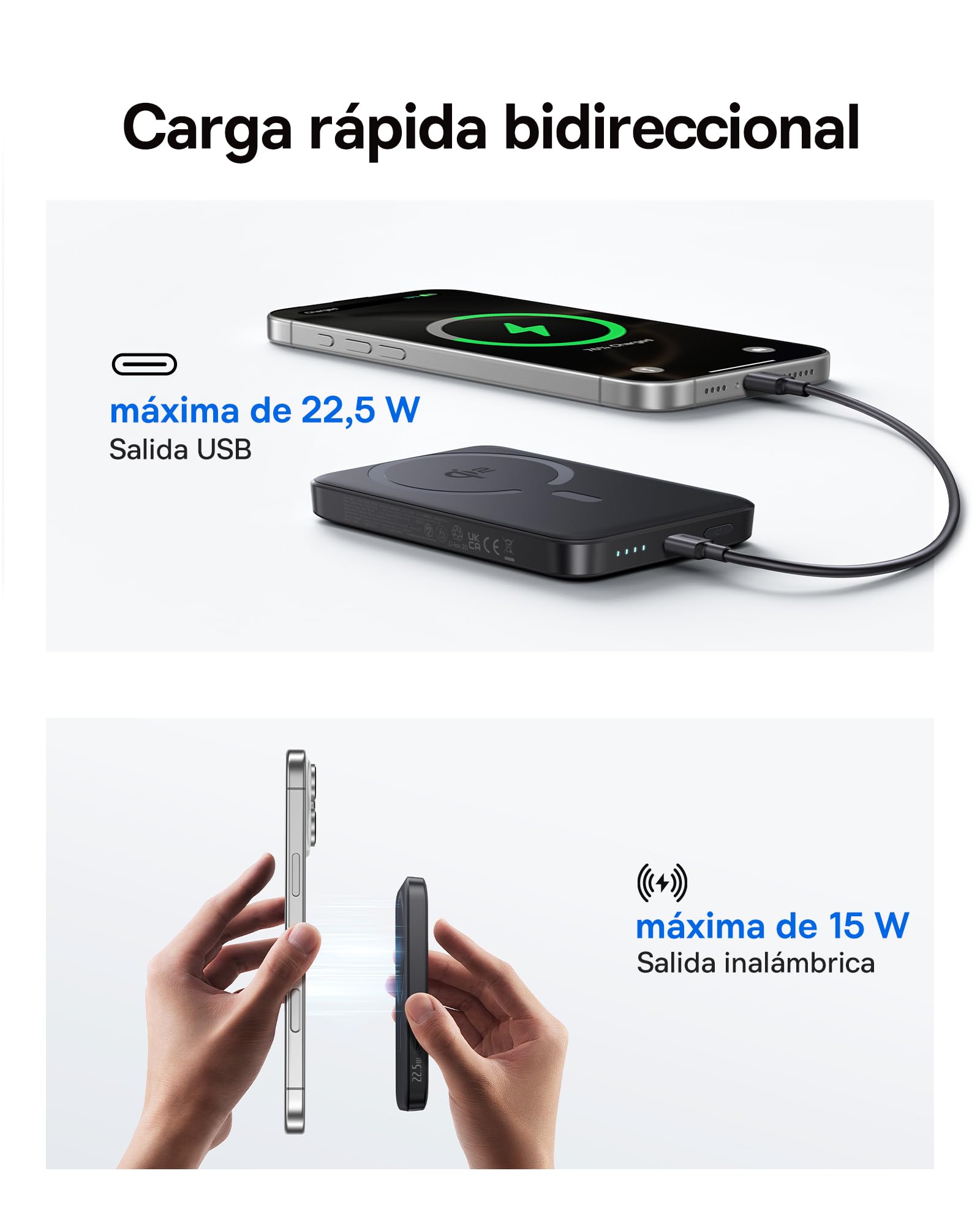 OS-FunderFill FM12 Qi2 Batterie externe magnétique 10 000 mAh 22,5 W Noir (un seul câble USB-C vers USB-C, 20 V/3 A, 30 cm, noir)