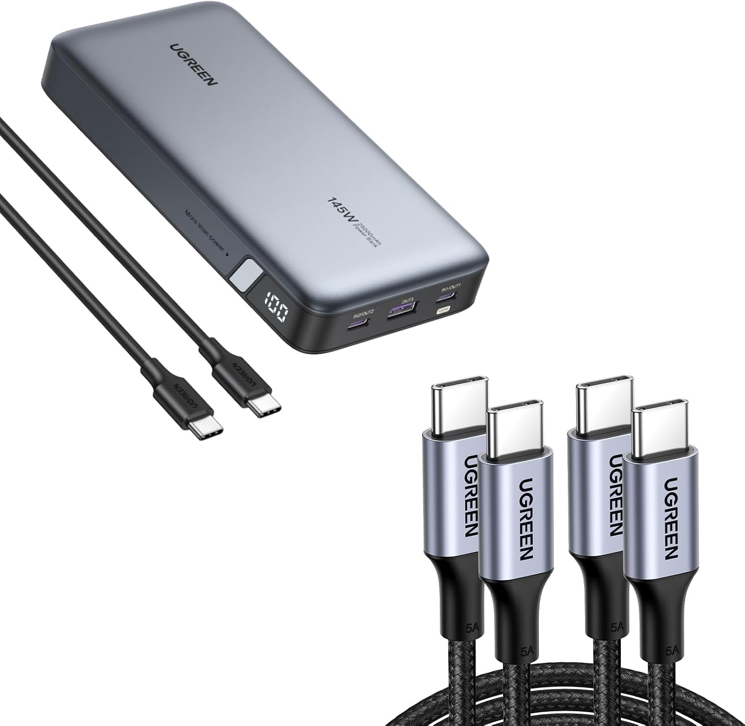145W Power Bank Bundle with 100W 2-Pack 3.3 FT USB C Cable