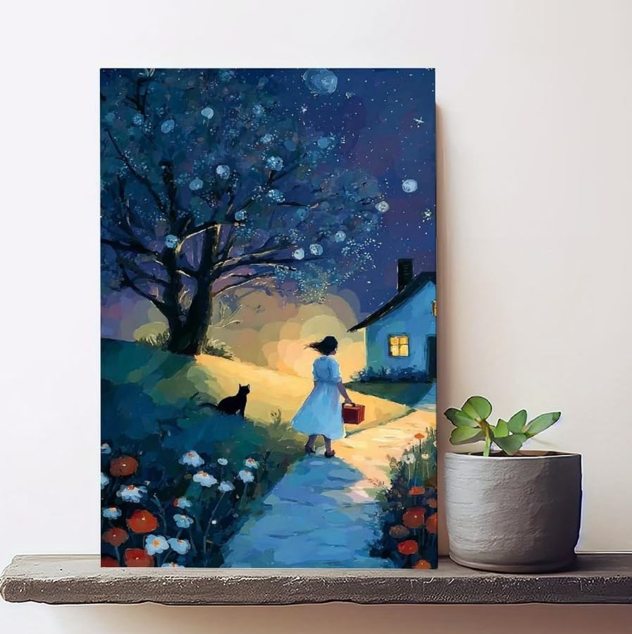 SXFDPDL Cuadro decorativo de pared Niña y gato en la noche estrellada, estilo cuento de hadas, con paisaje, póster para decoración del hogar (80x120cm/sin marco).