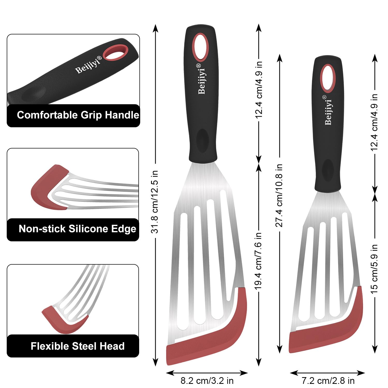 Beijiyi Set di 2 spatole per pesce, resistenti al calore, con bordo in silicone, scanalate, per pentole antiaderenti, flessibili e sottili, in acciaio inox, spatola da cucina per pesce, uova, pancake