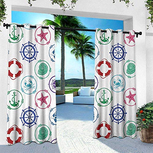 leinuoyi Ships Wheel, for Front Porch Covered Patio Gazebo Dock Beach Home, Marine Pattern with Anchor Wheel Compass Lifebuoy Ship Starfish Seashell Crab, W84 x L84 Inch, Green Red