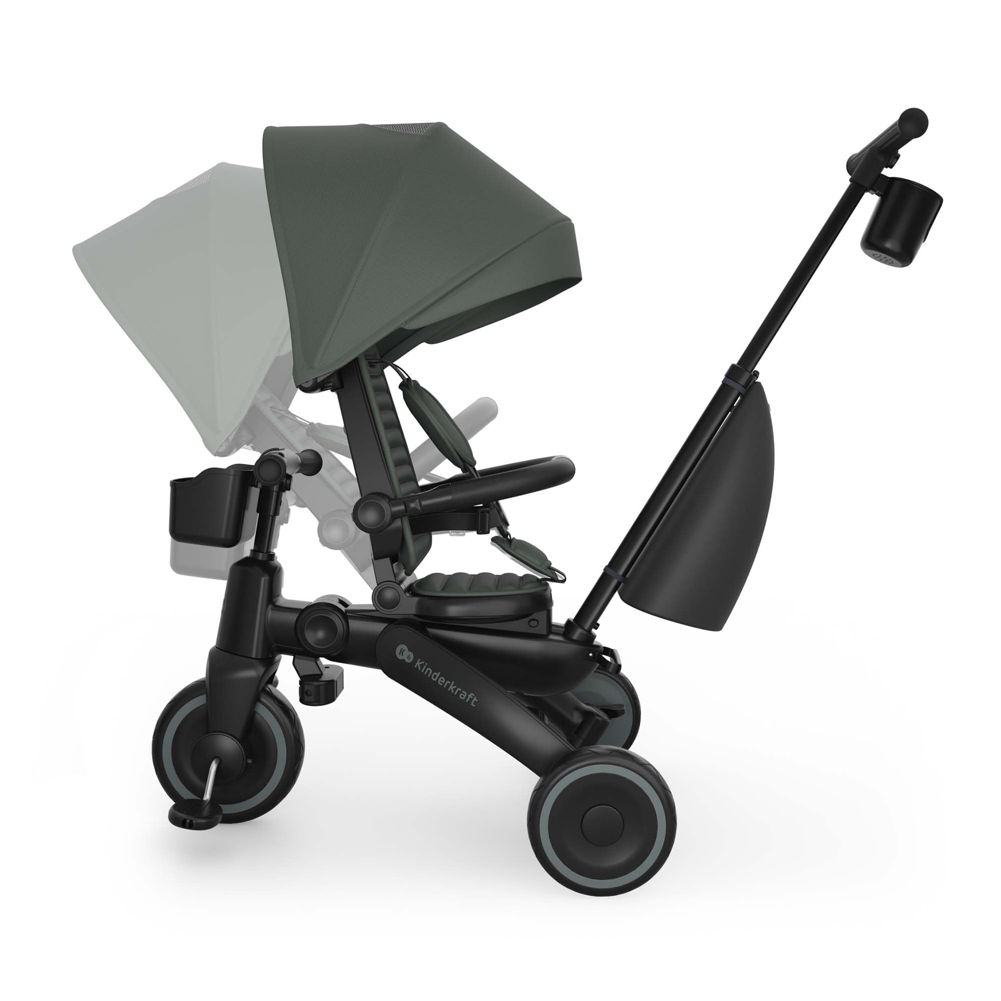 Kinderkraft JAZZ 3 triciclo pieghevole 9 mesi-25 kg, seduta 360°, semi-reclinabile fronte/retro, capotta UPF 50+ impermeabile, ruota libera, chiusura compatta, Verde