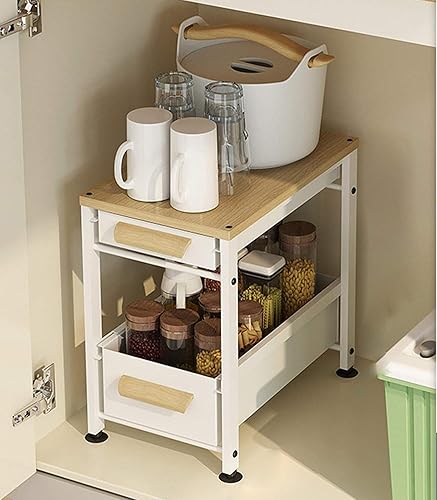 LEAYAN Almacenamiento multifuncional para debajo del fregadero, 2 capas con mango de madera tipo cajón organizador de dos capas, cajón de