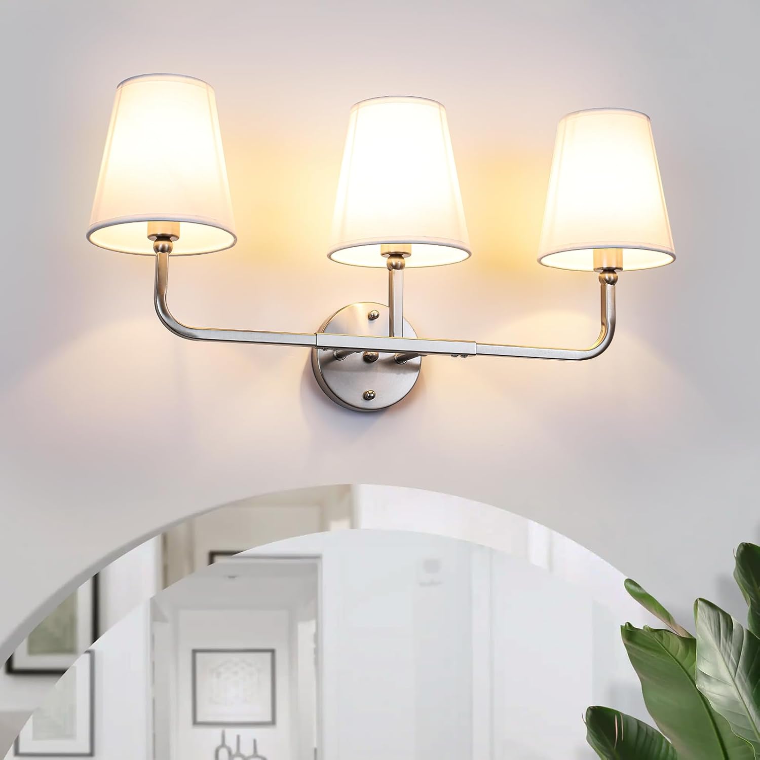 Bathroom Light Fixtures, 3-Light Wall Sconce, Brushed Nickel Vanity Lights Over Mirror with Flared White Fabric Shade, Modern Sconces Wall Lighting for Bedroom Stairway Hallway (Brushed Nickel)