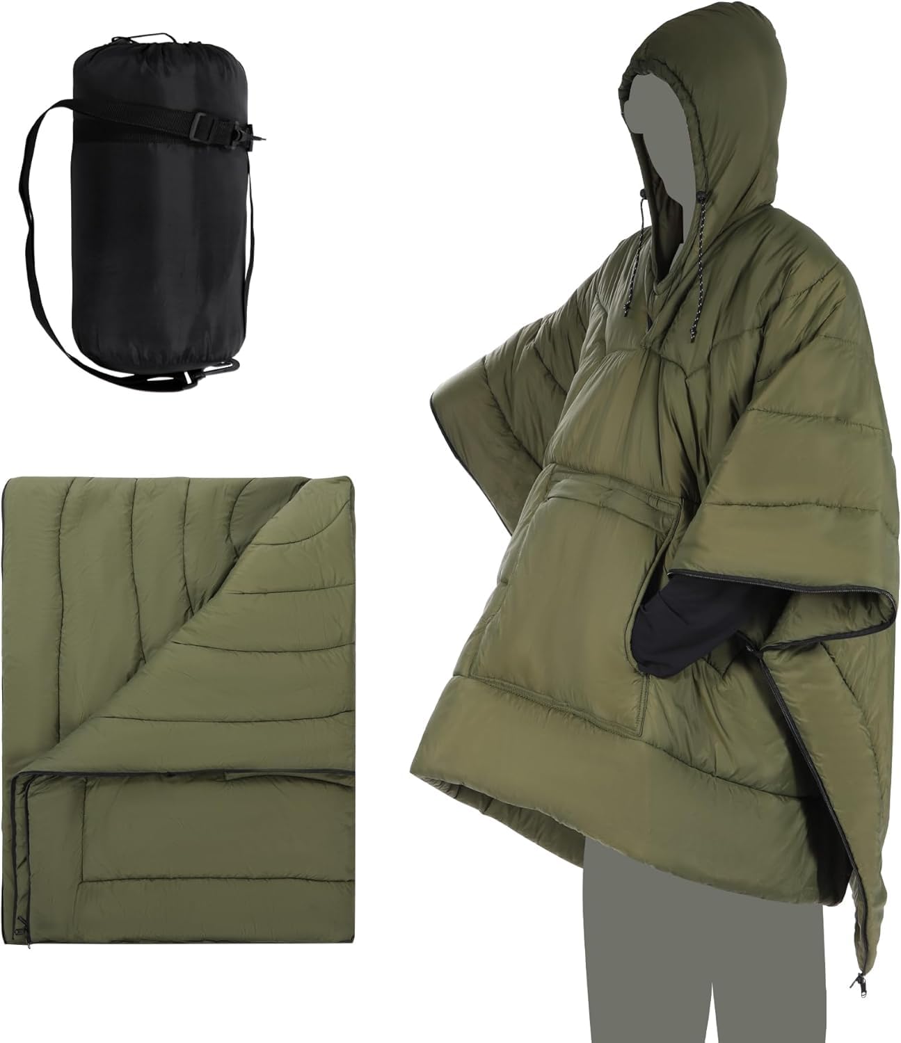REDCAMP Outdoor Poncho Decke mit Hut, Ultraleicht Multifunktionale und Warm Camping Wasserdichte Decke für Damen und Herren, Wechseln Sie zu Einer Steppdecke oder Schlafsack,für Wandern, Picknick