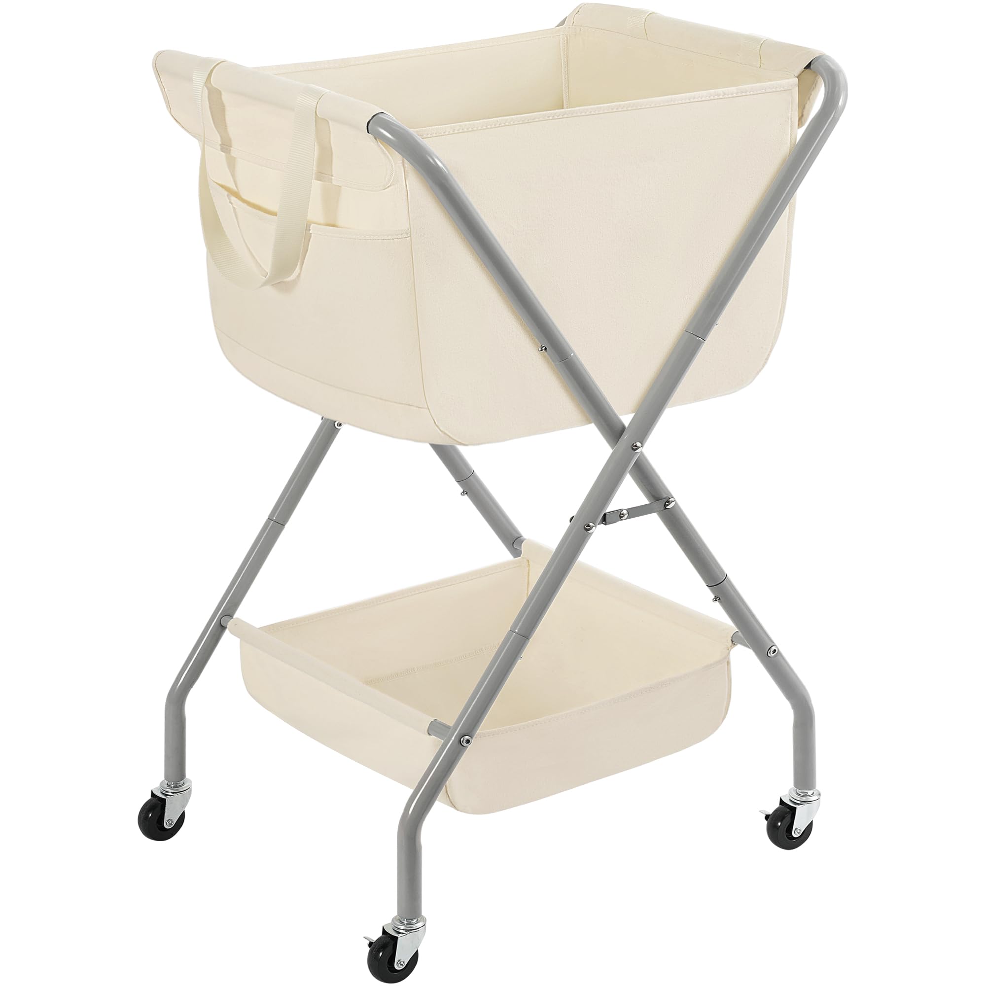 STORAGE MANIAC Collapsible Laundry Cart with Wheels 35.6"H Removable Canvas Bag Rolling Laundry Hamper Clothes Basket with Wheels, Sturdy Steel Frame Folding for Small Narrow Space Easy Storage, Beige