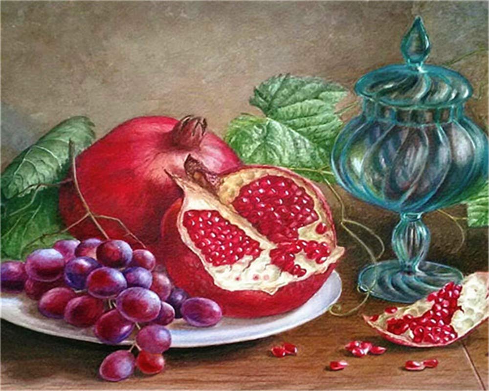 Yeesam Art - Dipinto fai da te con numeri, per adulti, principianti, bambini, realistici, frutta, uva, melograno, 40,6 x 50,8 cm, tela di lino acrilica, con cornice