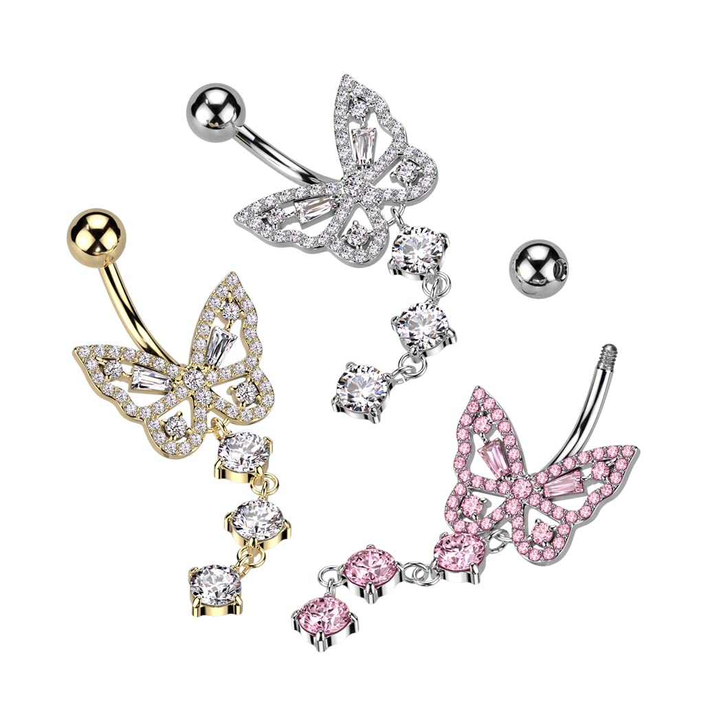 Bauch-nabelpiercing Schmetterling Anhänger Silber Gold Clear Pink Nabel-Piercing Chirurgenstahl Bananabell Stab-länge 10-mm