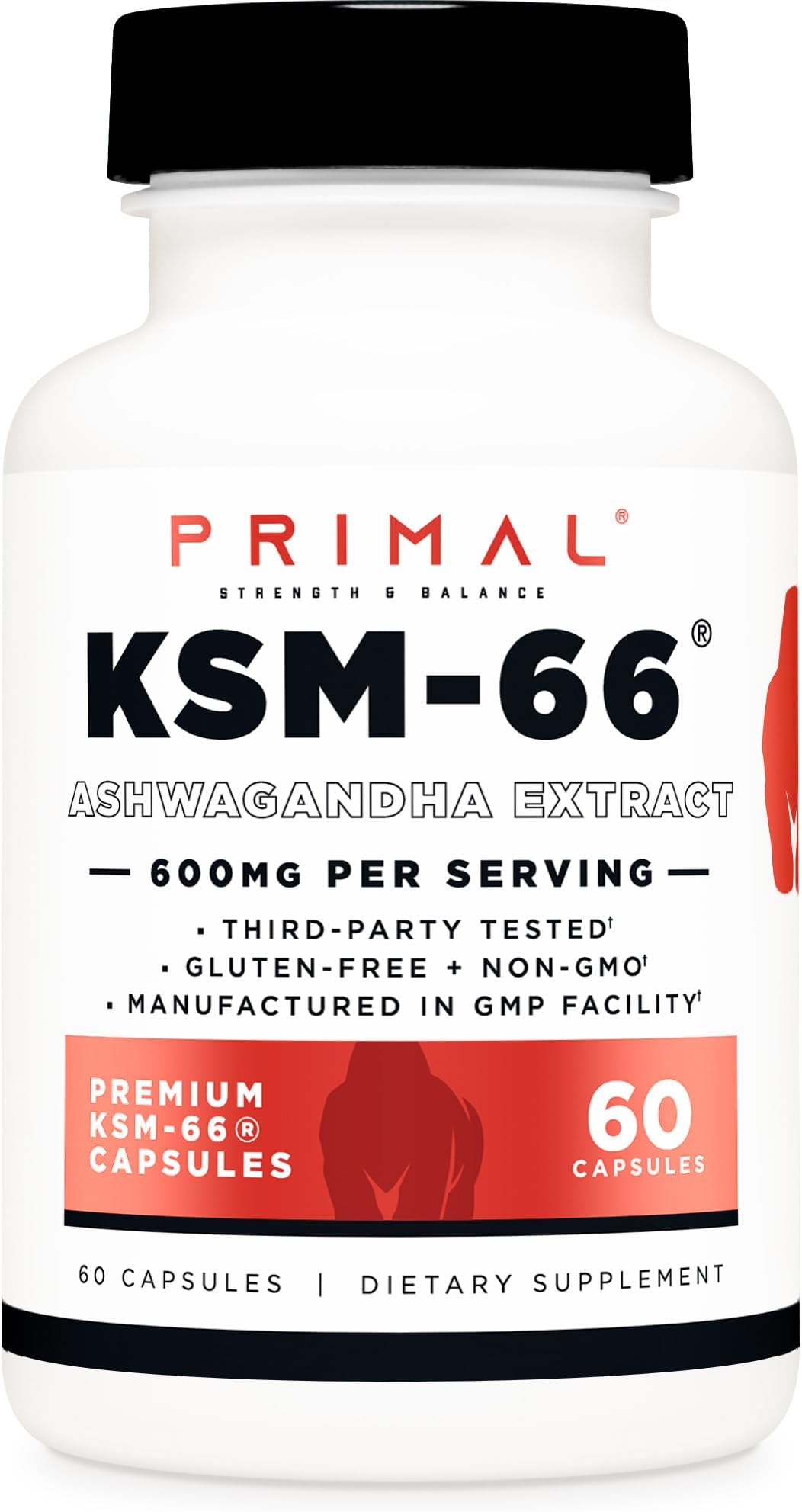 Primal KSM-66 Ashwagandha Complex (60 Capsules / 60 Servings, 600 mg Per Serving) - KSM-66 Ashwagandha with Black Pepper Extract, Gluten Free, Non-GMO
