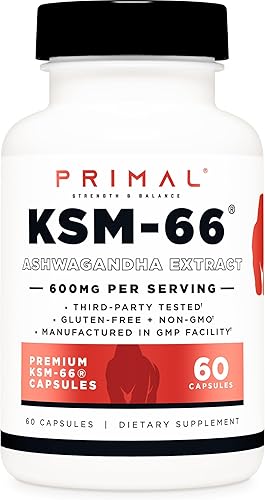 Primal KSM-66 Ashwagandha Complex (60 cápsulas/60 porciones, 600 mg por porción) – Ashwagandha KSM-66 con extracto de pimienta negra, sin gluten,
