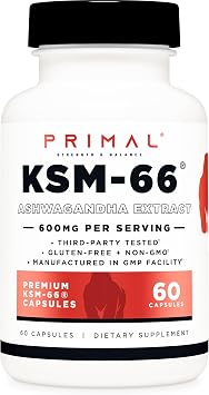 Primal KSM-66 Ashwagandha Complex 60 Capsules / 60 Servings, 600 mg Per Serving - KSM-66 Ashwagandha with Black Pepper Extract, Gluten Free, Non-GMO