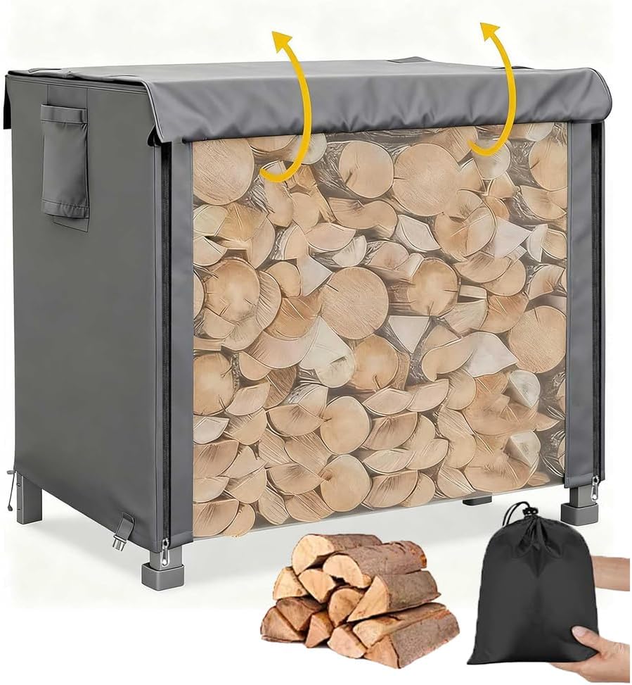 Firewood Rack Cover 4/5/6/8/10/12ft,Waterproof Firewood Rack Outdoor Cover with Full Front Zipper & Windproof Straps,420D Oxford Log Protector for Fireplace,Fire Pit,Gray,10 ft