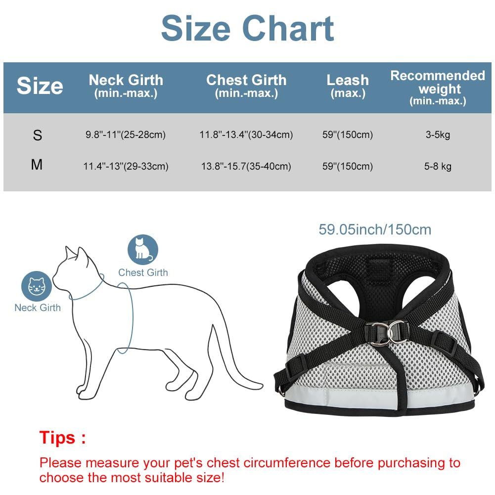 AUYAO Pettorina per Gatti– Set Antifuga Regolabile e Traspirante per Gatti Piccoli/Medi, Design Riflettente per Passeggiate Notturne, Comfortevole e Sicuro (Grigio-Nero, S)