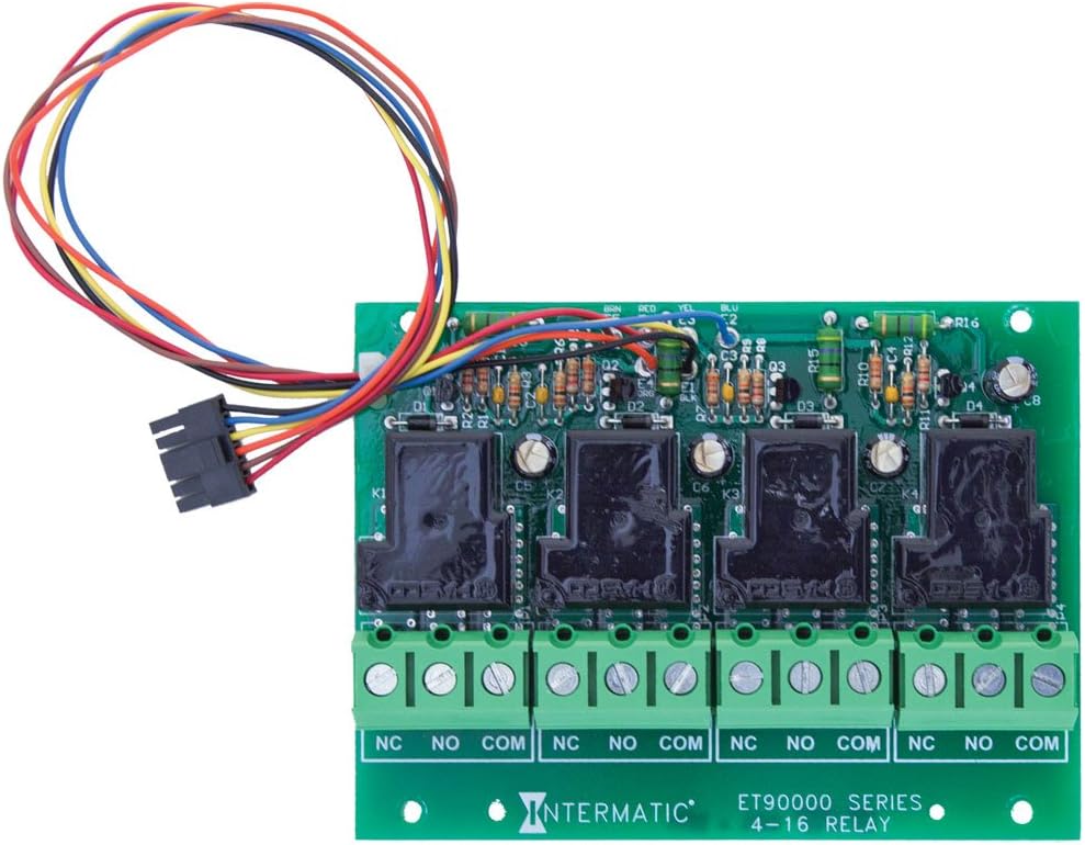 Intermatic ET9250 4-Circuit Relay Module, showing the green circuit board with four black relays, terminal blocks, and a multi-colored wire harness.