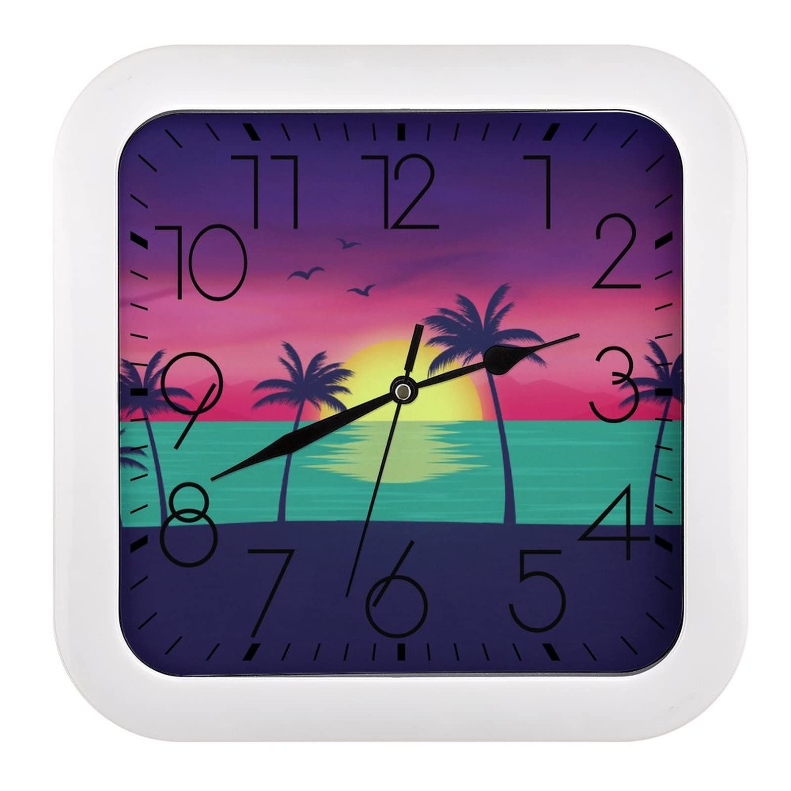 Horloge murale carrée lisible arbre tropical avec grands chiffres