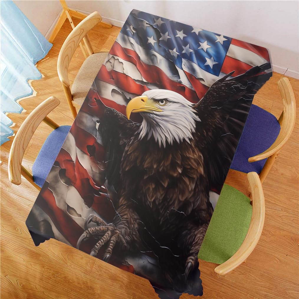 Dunmat American Flag Eagle Art Print Table Cloth Cool Animals Bird Modern Washable Waterproof Tablecloths Dining Table Decorative Rectangle Table Cover 60Wx140L Inch