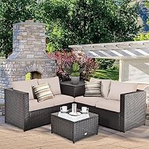 4 Pieces Wicker Patio Furniture Set, Outdoor Rattan Sectional Furniture Patio Set With Storage Box & Tempered Glass Tabletop, Outdoor Conversation Set for Garden, Backyard, PoolsideBrown