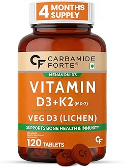 Carbamide Forte Vitamin D3 K2 Supplement | Vitamin K2 MK7 To Support Bone & Heart Health | Veg D3 - Lichen - 120 Tablets