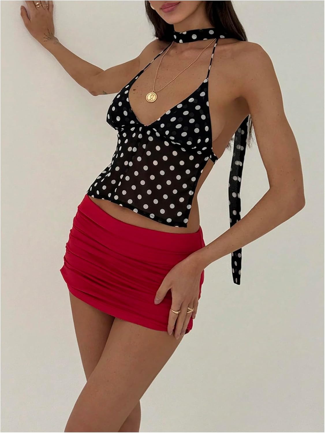 SOLY HUX Women's Polka Dots Halter Crop Top Y2k Tie Backless Deep V Neck Party Rave Tops with Scarf - Image 4