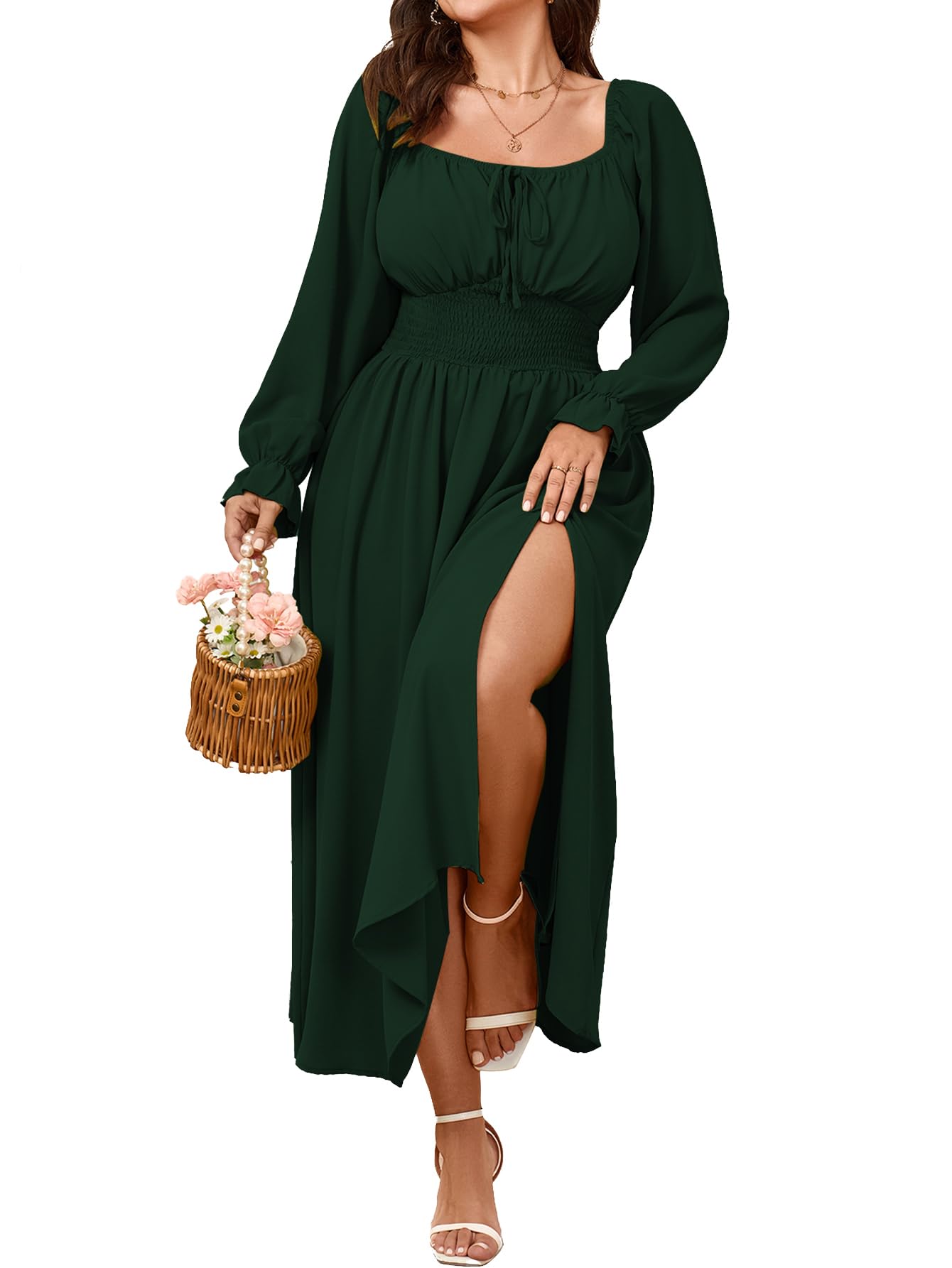 Womens Plus Size Dress Long Sleeve Smocked Dress Square Neck Tie Front Split A-Line Maxi Long Dresses