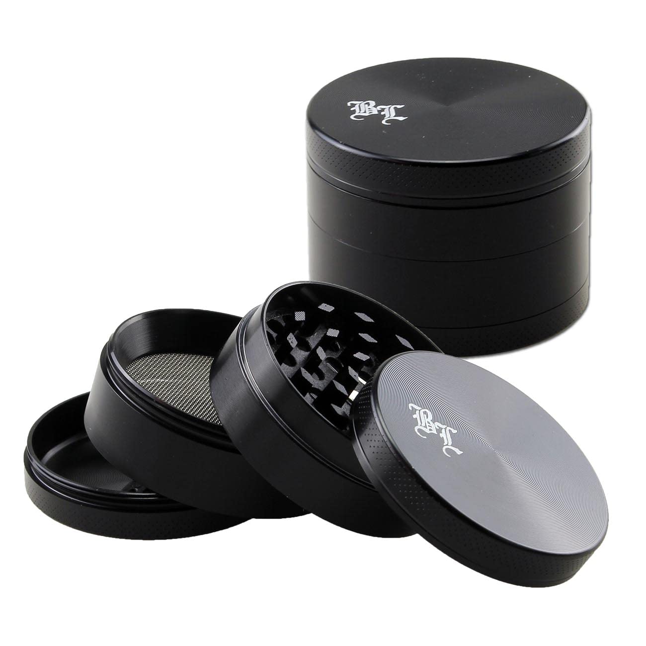 Black Leaf | Grinder in alluminio | nero | piccolo 4 pezzi Ø 49/47 mm H 36 mm | denti taglio diamantato | + raschietto | Crusher speciale per erbe aromatiche