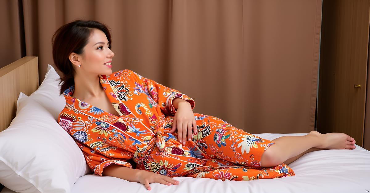 CRAFT KALA Women's Long Robes Kimono Robe with Colorful Crown Printed Pink Kimono Nightgown - Image 5