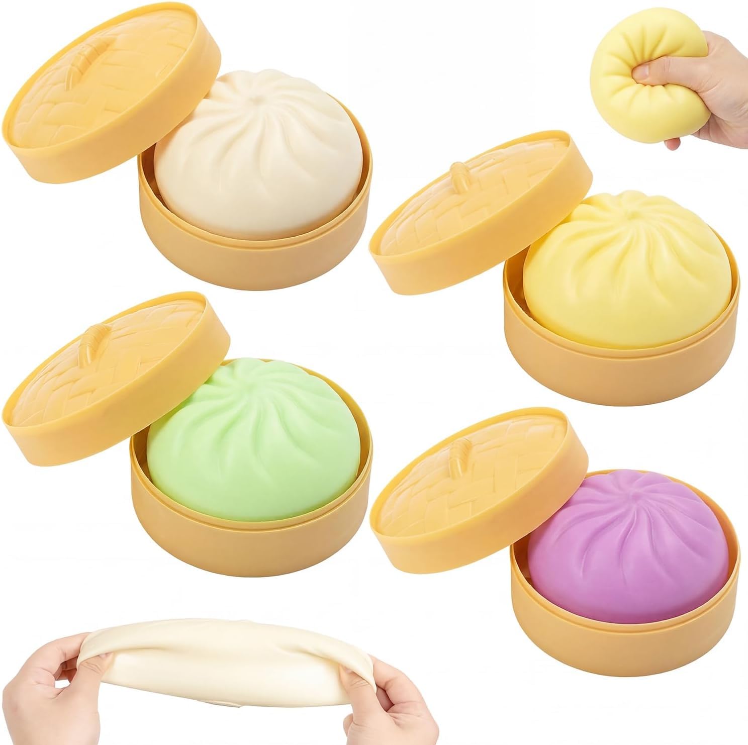Zouwel 4PCS Mystery Dumplings, Colorful Dumpling Stress Toy, Glitter Dumplings With Steamer, Soft Squeeze Anxiety Relief Fidget for Adults