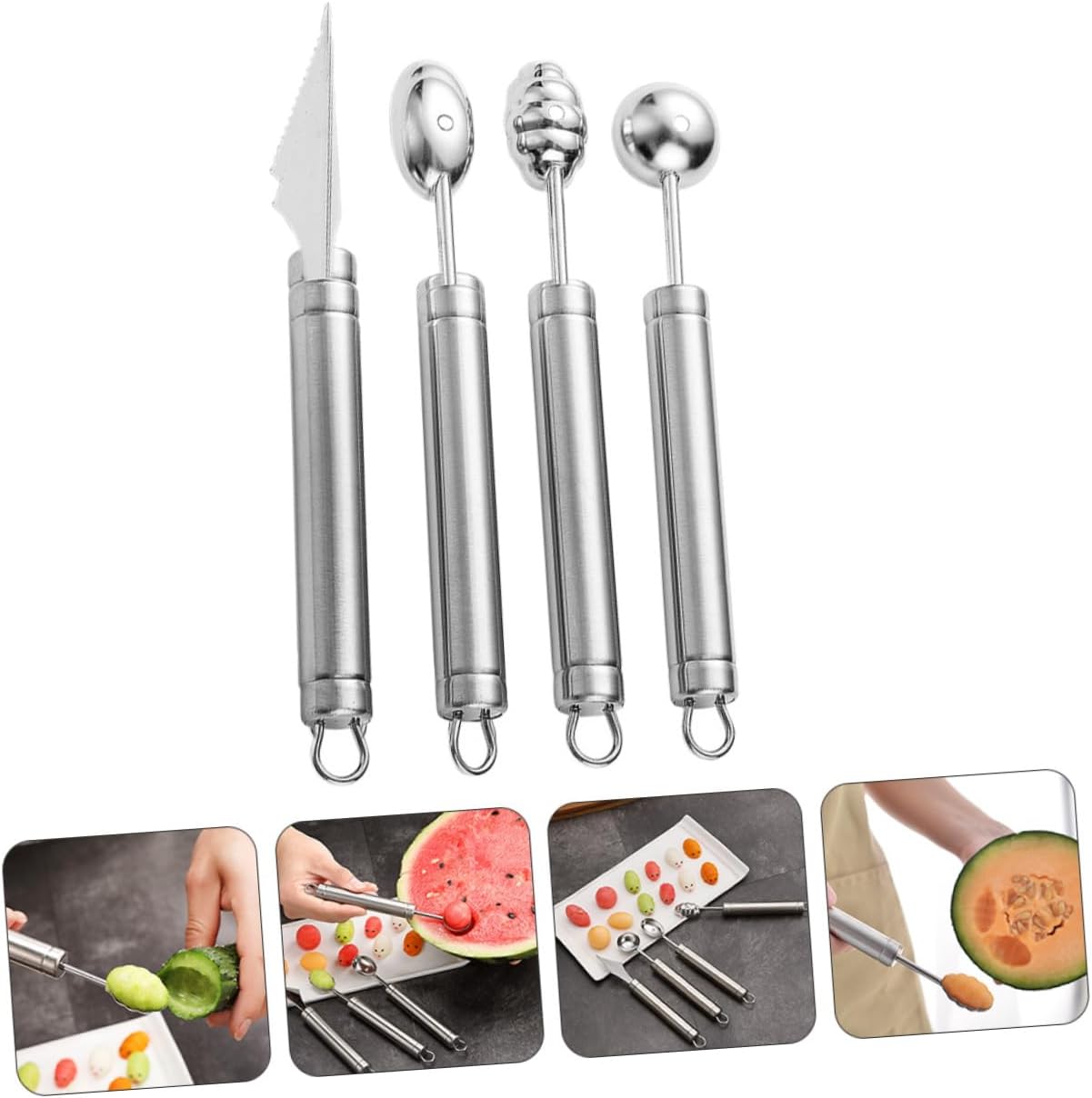 Cabilock 4pcs Fruit Ball Scooper Melon Baller Spoons Stainless Steel Melon Baller for Home Commercial Use