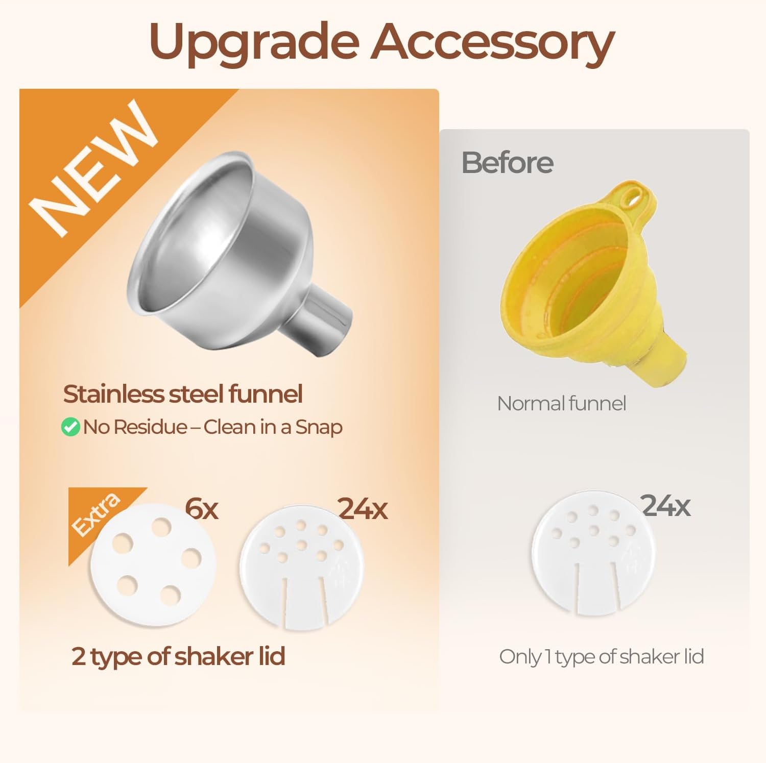 ComSaf Spice Jars with Label 4 oz 24Pcs, Glass Spice Jars with 6 Extra Shaker Inserts and 93 Labels, Seasoning Set with Bamboo Lids and Metal Funnel, Square Containers for Organization, Salt, Pepper - Image 4