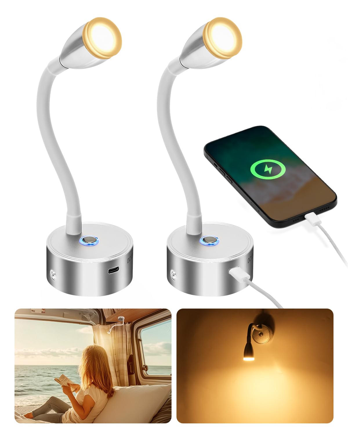 SUPAREE Lampara 12V LED Caravana Lámparas LED 12V Autocaravana Luces LED 12V Camper Cuello de Cisne con puerto USB C Interruptor tactil Regulable 3000K Acrílico 2Pcs