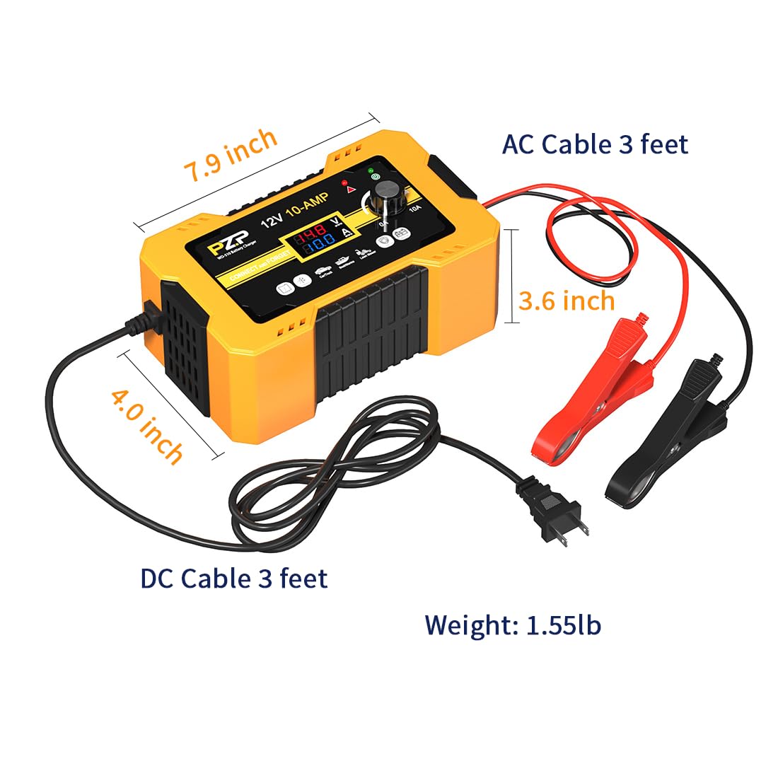 PZ.P Caricabatteria automatico per auto da 12 V, 0-10 A, caricatore intelligente regolabile arbitrariamente, desolfatore automatico con riparazione della batteria, mantenitore della batteria con