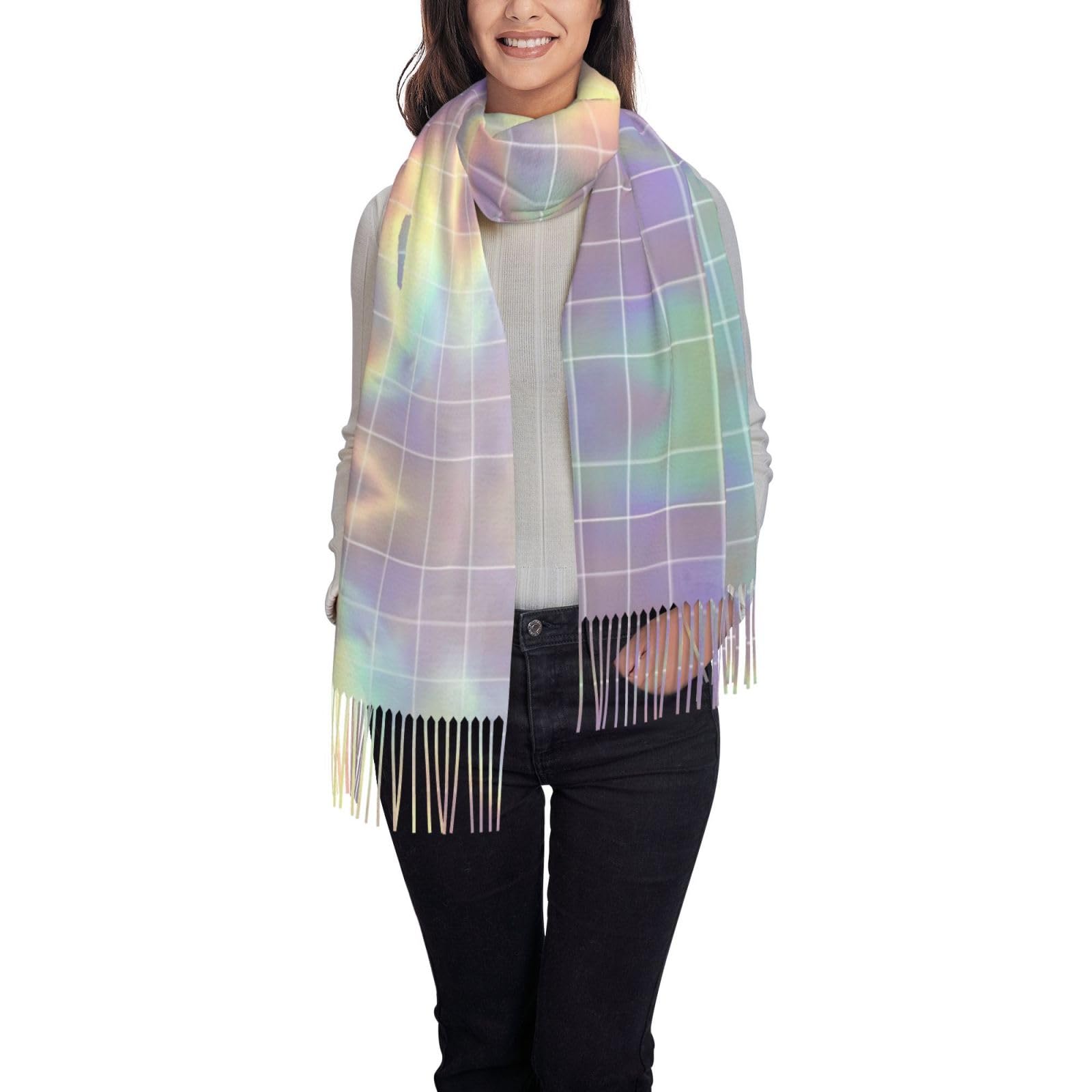 Ttiglhoh Black Reflective Square Printing Elegant Winter Warm Tassel Scarf With Cashmere Like Texture Matches Coats Suits