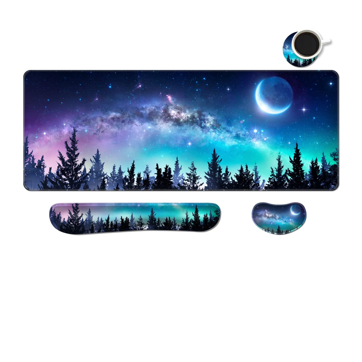 MIBITRI Keyboard Mouse Pad Set, Extended Gaming Mouse Pad+Ergonomics Keyboard Wrist Rest Support, Memory Foam, Easy Typing Pain Relief, 3Pcs XXL Ultra Thick Desk Mat, Moon Forest — image 1
