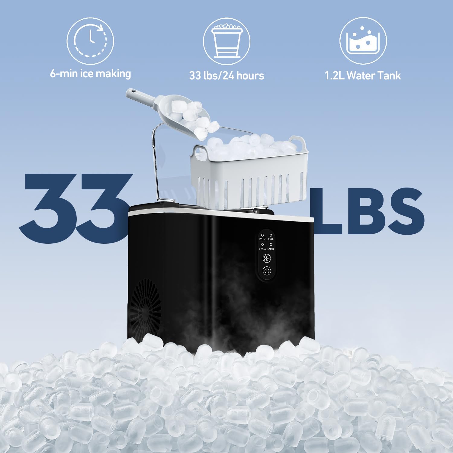 Countertop Ice Maker, Portable Ice Maker Machine 33lbs/24Hrs, 2 Sizes Bullet Ice，with Ice Scoop and Basket, 9 Bullet Ice Ready in 6 Mins on Fridge.com