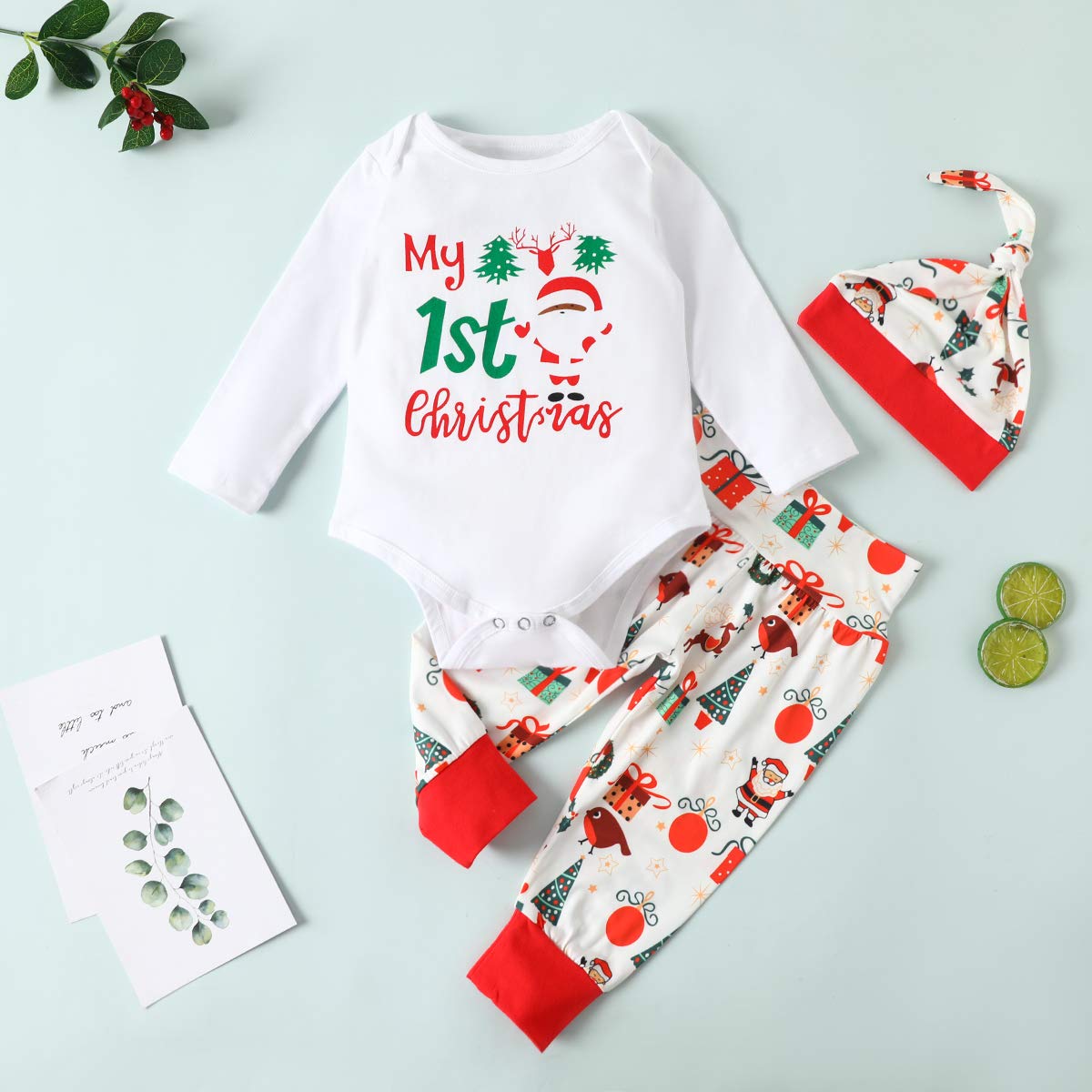 3Pcs Newborn Baby Girl Boy Clothes My First Christmas Ruffle Romper + Santa Pants + Hat Fall Winter Outfit Set (White Gift,12-18 Months)
