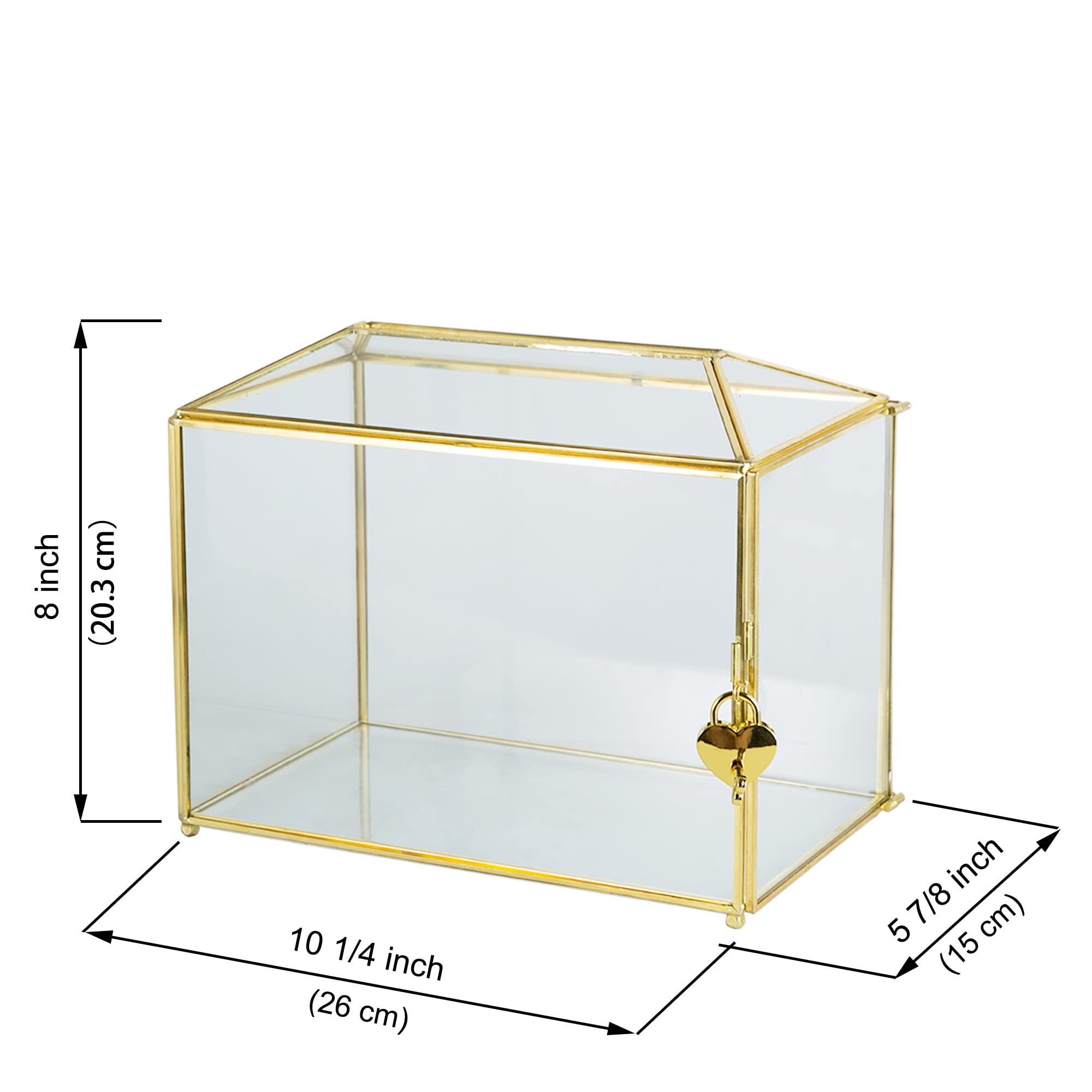 Grande boîte à cartes de mariage en verre transparent avec fente - 25,9 cm - En laiton doré - Avec serrure - Pour réceptions de mariage, fête prénatale, fête d'anniversaire