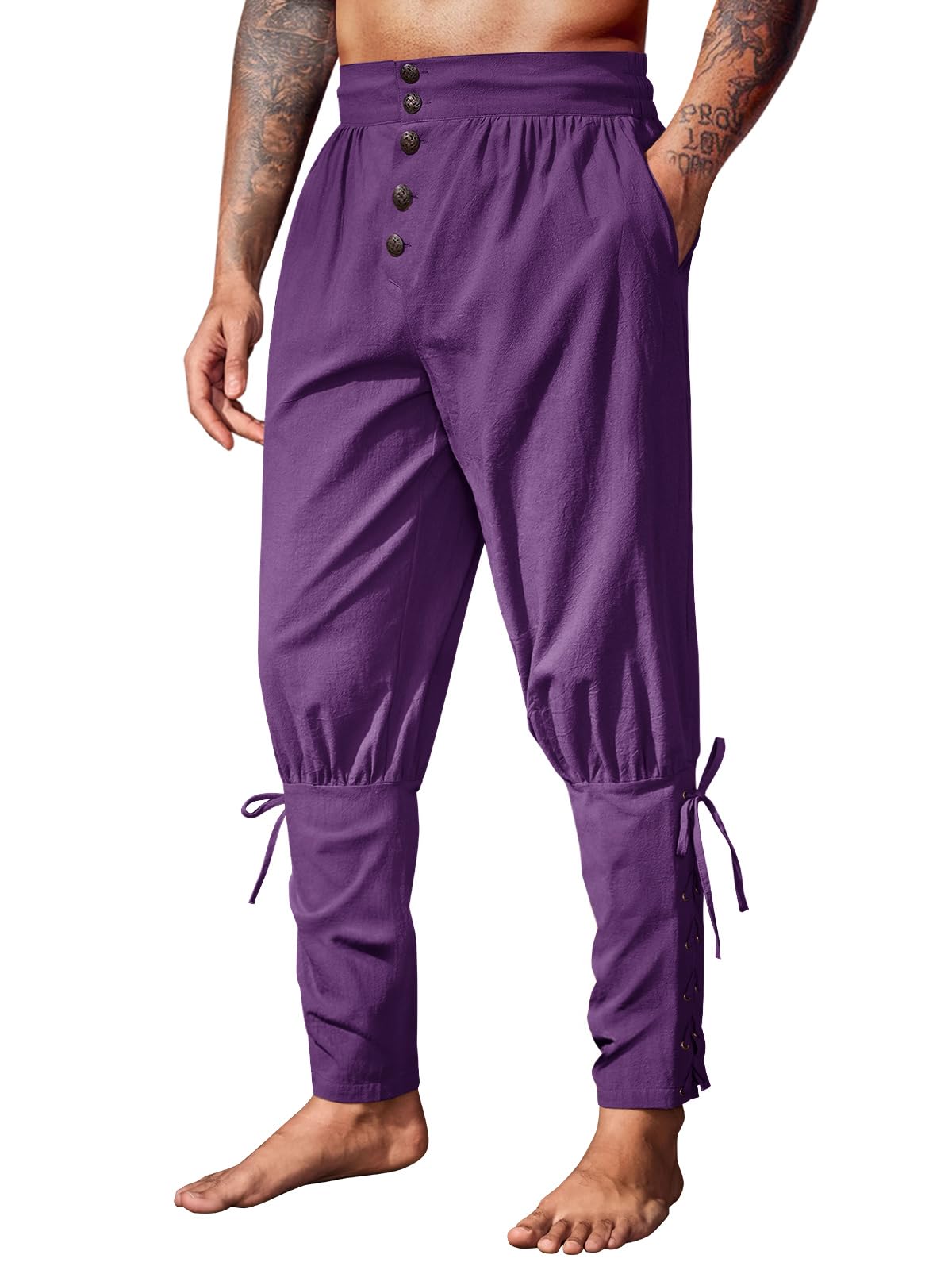 Runcati Mens Medieval Pirate Pants Renaissance Ankle Banded Viking Ren Faire Pants Lace Up Halloween Costume Trousers, Purple, Large