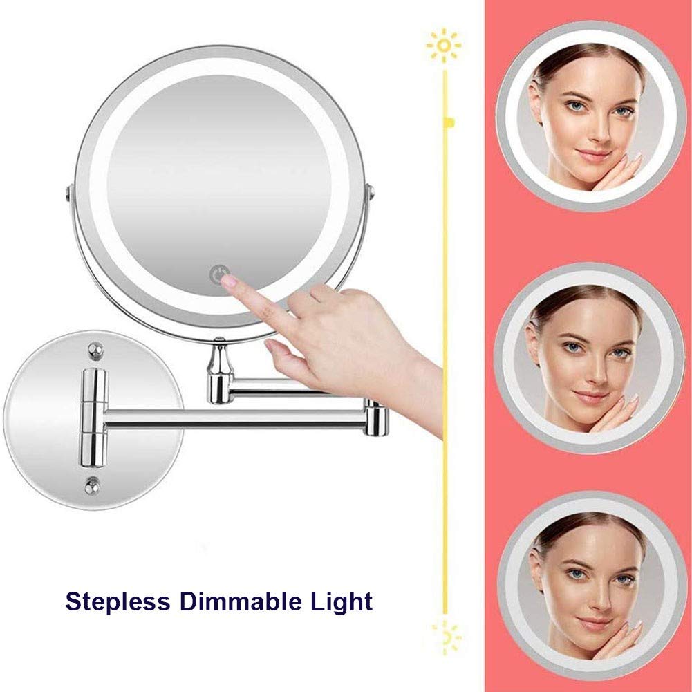 Espejo de maquillaje montado en la pared, con Luces - Aumento de 10x Espejo de baño extensible giratorio de Dos Caras de 7'' Fuente Doble
