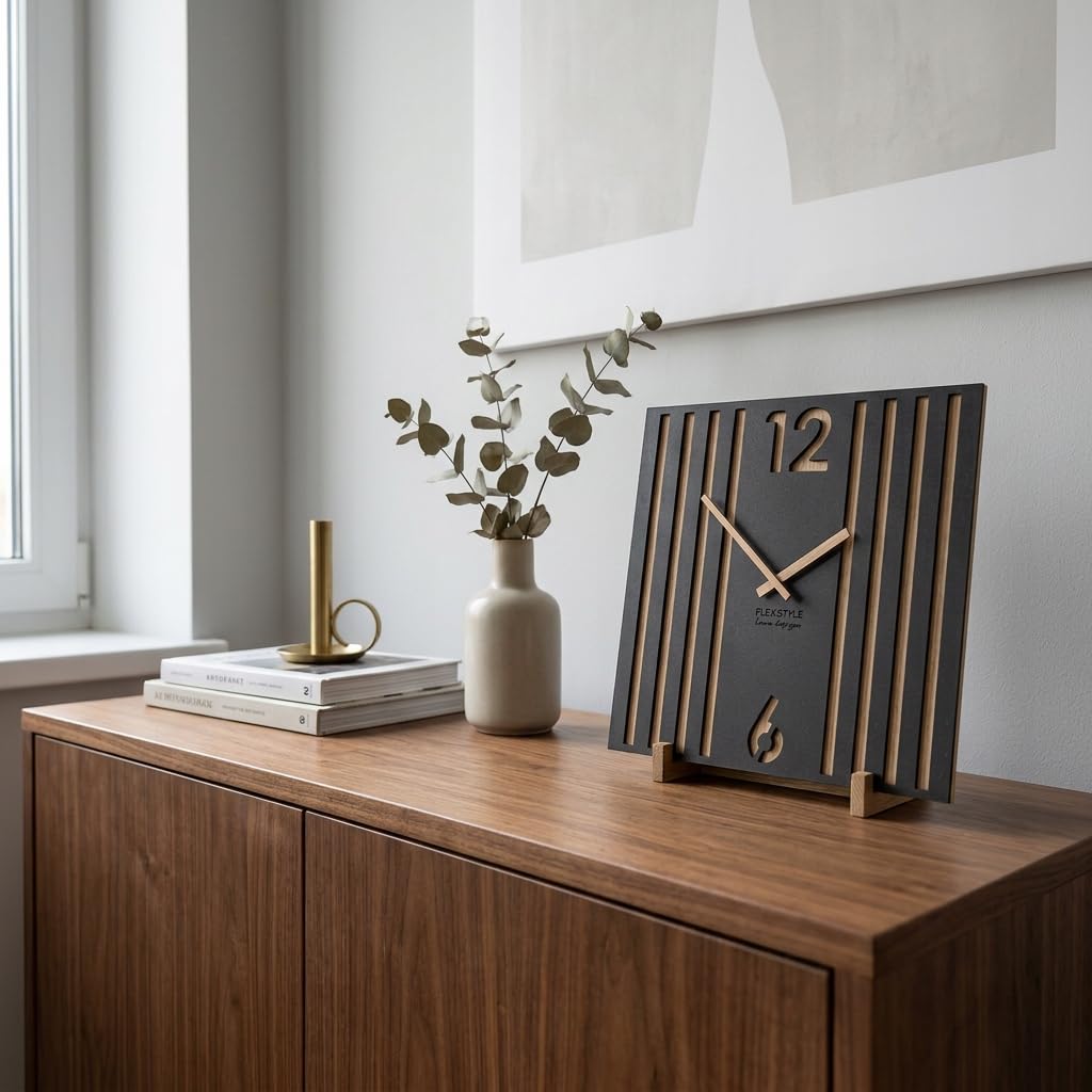 FLEXISTYLE Quadratische Wanduhr ohne tickgeräusche modern LAMELE 30cm Holz Eiche schwarz Wohnzimmer ohne tickgeräusche