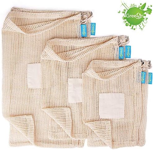 Eco Friendly Reusable Produce Bags - Non Plastic - Net Zero Waste, Organic Cotton Mesh Produce Vegetable Bag Washable (with Drawstring & Tare Weight) for Grocery Shopping and Storage, Set of 6