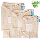 GreeOn Eco Friendly Reusable Produce Bags - Non Plastic - Net Zero Waste, Organic Cotton Mesh Produce Vegetable Bag Washable (with Drawstring & Tare Weight) for Grocery Shopping and Storage, Set of 6
