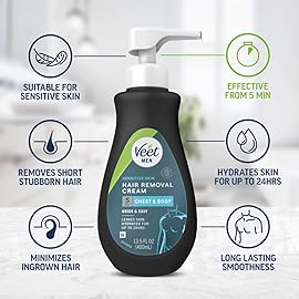 Veet Sensitive Skin Dermatologically Tested 13.5 Fl Oz. 5 Min Men\'s Hair Removal Gel Cream with Spatula For Body, Chest & Back (2 Pack)